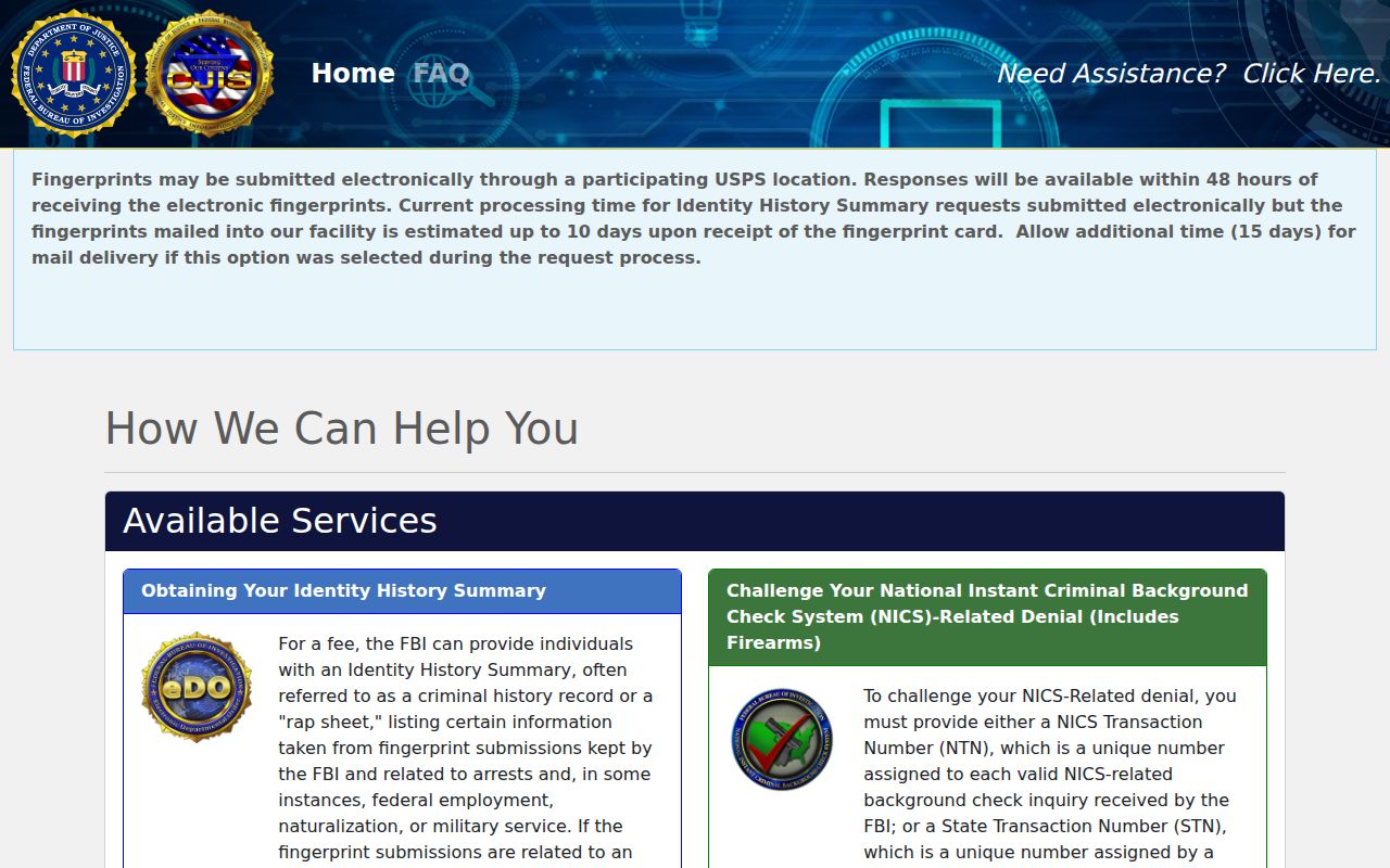 Pulaski criminal history self-review through the FBI electronic request portal